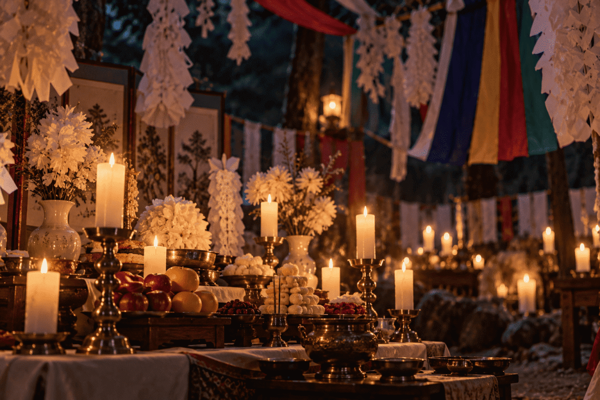 A candlelit Korean ritual table for the dead, where the story of Princess Bari is still sung today